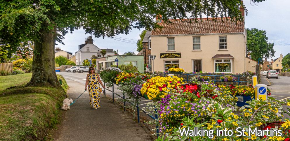 Lady walking dog beside floral St Martins