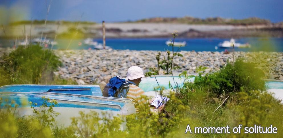 Man reading a book by the beach